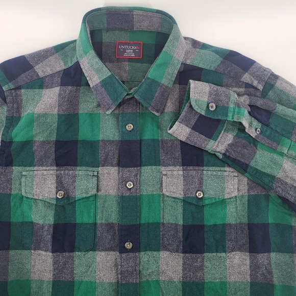 UNTUCKit Men's Large Slim Fit Plaid Flannel Long Sleeve Shirt Green Navy Gray - Picture 3 of 7